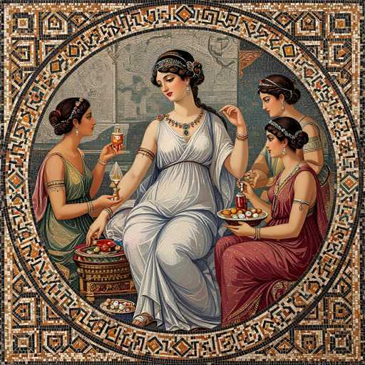 This image depicts a detailed mosaic tile artwork, likely inspired by ancient Roman or Greek art. The central focus is a circular scene featuring four women adorned in elegant, flowing gowns. The woman on the far left wears a green dress and holds a bowl of fruit. Next to her, a woman in a white gown with a blue necklace and a headband sits gracefully, holding a jar and gazing down at the fruit. To her right, another woman in a red dress with a silver headband and necklace holds a tray of food. The woman on the far right, dressed in a blue gown, also wears a silver headband and necklace. The background is filled with intricate geometric patterns in shades of brown, orange, and black, adding depth and texture to the scene. The mosaic's outer border features a mix of brown, orange, and black tiles, enhancing the overall aesthetic. The women's hair is styled in buns, and they all wear earrings, contributing to the classical feel of the artwork.