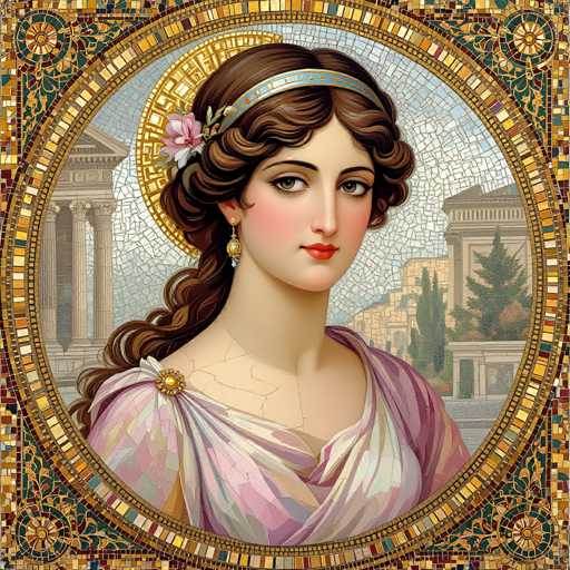 This image features a detailed portrait of a woman, reminiscent of a painting or a stained glass window. The woman has long, dark brown hair adorned with a blue headband and a pink flower. Her expressive brown eyes gaze directly at the viewer, and she wears red lipstick that highlights her fair complexion. She is dressed in a pink and white dress with a gold brooch on the shoulder, and her ears are decorated with dangling earrings. The background showcases a cityscape with buildings and trees, framed by a circular border that resembles a stained glass window. The border is intricately designed with gold, blue, and green patterns, adding to the overall artistic and historical feel of the image.