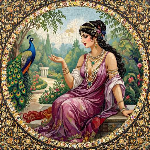 This image is a detailed mosaic artwork depicting a regal woman and a vibrant peacock. The woman, who appears to be of royalty, is seated on a stone bench, adorned in a luxurious purple dress with intricate gold and white patterns. Her attire is complemented by an array of jewelry, including a headband, multiple necklaces, bracelets, and earrings. Her long, dark hair is styled in a bun, and she wears red lipstick, enhancing her elegant appearance.

Beside her, a striking peacock stands proudly, showcasing its vivid blue body, green tail feathers, and a mix of orange and black feathers. The peacock's presence adds a touch of natural beauty and splendor to the scene.

The background features a picturesque landscape with a stone pathway leading to a distant building, surrounded by lush trees and colorful flowers. The sky is a clear blue with scattered white clouds, adding to the serene atmosphere. The entire scene is framed by a mosaic border, with the outer edge adorned in a floral pattern and the inner edge featuring a mix of colors, enhancing the overall aesthetic of the artwork.