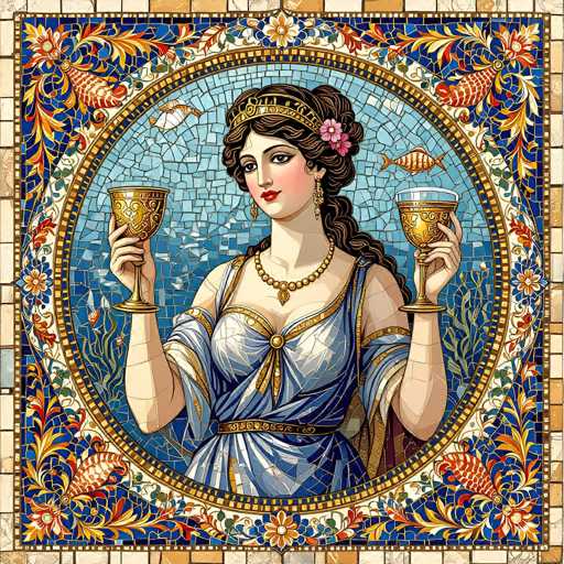 This image depicts a stunning mosaic artwork featuring a regal woman, possibly a queen or princess, holding two golden goblets. The mosaic is composed of numerous small, colorful tiles, creating a vibrant and intricate design. The woman is adorned in a blue dress with gold trim, and her long, dark hair is styled in a braid. She wears a golden crown and a necklace, with her cheeks blushed and lips painted red, giving her a serene and elegant appearance. The background of the mosaic is a light blue, resembling water, with fish swimming around her, adding to the aquatic theme. Surrounding the central figure are decorative elements in shades of blue, red, and yellow, enhancing the overall beauty and complexity of the artwork.
