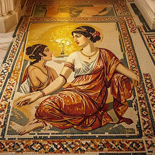 The image shows a mosaic floor featuring two women engaged in conversation. The woman on the left is wearing a red and white dress with a gold headpiece, while the woman on the right is dressed in an orange and white outfit with a gold headpiece. Both women are seated on chairs, suggesting a formal or social setting.