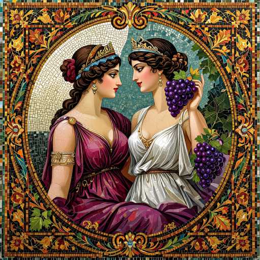 This image depicts a detailed mosaic artwork featuring two women seated closely together, gazing into each other's eyes. The woman on the left is adorned in a purple dress with a gold belt and a gold armband on her right arm. Her hair is styled in a bun with a red flower, and she wears a crown with a blue band and a gold top. She also has gold earrings. The woman on the right is dressed in a white dress with a gold belt and a gold band on her left arm. She has a crown with a blue band and a gold top, and her hair is also styled in a bun. She holds a bunch of purple grapes in her left hand, with more grapes visible in the background. The background of the mosaic is composed of small square tiles in shades of white and blue, framed by a border of intricate floral designs in various colors, including yellow, red, orange, and green. The entire scene is enclosed within a circular frame, giving it a cohesive and elegant appearance.