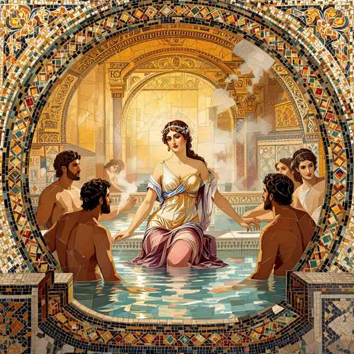 The image depicts a detailed mosaic artwork, likely inspired by ancient Roman or Greek art. At the center of the scene is a woman with long brown hair, adorned with a headband, sitting in a pool of water. She is wearing a white and yellow dress with a blue sash around her waist, and a pinkish-purple skirt. Surrounding her are four men, two on each side, who are shirtless and appear to be gazing at her. The background features a golden archway and additional figures, including a woman in a white dress and a man with a beard. The entire composition is framed by an intricate mosaic border, with the outer edge displaying a vibrant array of colors such as orange, red, blue, and green. The inner border is more subdued, featuring shades of gray, black, and white. The overall scene is rich in detail and color, capturing the essence of classical artistry.