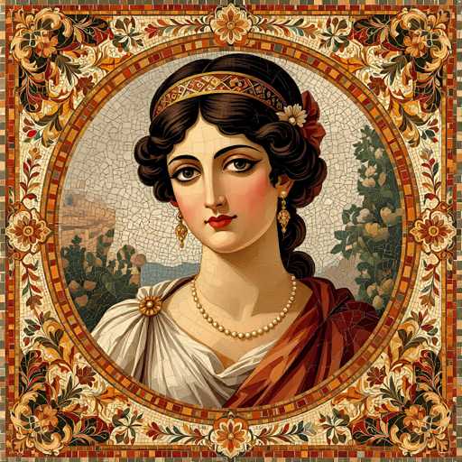This image depicts a detailed mosaic portrait of a woman, reminiscent of ancient Roman or Greek artistry. The portrait is set within a circular frame, bordered by an intricate mosaic of flowers and vines in vibrant hues of orange, red, and green. The woman, with her dark brown hair styled in an elegant updo, wears a headband adorned with a flower. Her expressive brown eyes and red lips stand out against her fair complexion. She is dressed in a white gown with a red shawl draped over her left shoulder, and a pearl necklace adorns her neck. The background of the portrait features a mosaic of gray and white tiles, with hints of greenery and a distant mountain, adding depth to the scene. The entire composition is meticulously crafted, with each tile contributing to the overall beauty and intricacy of the artwork.