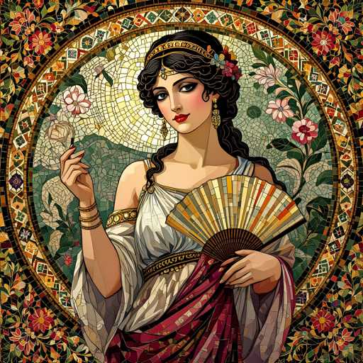 A woman with long dark hair is depicted holding a fan and wearing a white dress adorned with gold accents. The background features a mosaic design of flowers and leaves, creating an impressionistic style reminiscent of the Baroque period.