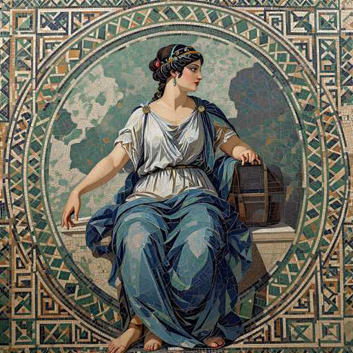 The image depicts a detailed mosaic tile painting of a woman, possibly from ancient Greek or Roman times, seated on a stone bench. The woman is adorned in a white tunic with a blue sash and a blue robe draped over her legs. Her dark hair is styled in a bun, and she wears a gold headband with blue accents and a red flower. She has blue earrings and red lipstick, and her gaze is directed to the right. Her left hand rests on a brown leather box with straps, while her right hand is positioned on the bench. The background features a circular pattern with a greenish hue, and the entire scene is framed by an intricate border of various colored tiles, including greens, blues, whites, and browns. The mosaic tiles are meticulously arranged, creating a vivid and colorful depiction of the woman and her surroundings.
