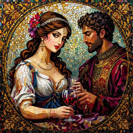 This image is a detailed, computer-generated stained glass artwork depicting a romantic scene between a man and a woman. The woman, positioned on the left, has long, wavy brown hair adorned with a floral headband and a piece of jewelry on her forehead. She is wearing a white dress with a blue sash and a pearl necklace, and she holds a glass of red wine in her right hand. The man, on the right, has curly brown hair and a beard, and he is dressed in a red robe with gold accents. He holds a glass of white wine in his left hand. Both figures are gazing into each other's eyes, exuding a sense of intimacy. The background features a mosaic of various colored tiles, and the entire scene is framed by a circular border with intricate gold and floral designs.