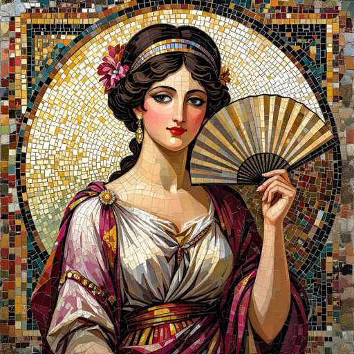 The image depicts a detailed mosaic artwork of a woman, possibly from ancient times, reminiscent of Roman or Greek art. The woman has dark brown hair styled in a bun with a few loose curls and is adorned with a headband featuring a flower. She is dressed in a white gown with a red shawl draped over her shoulders and a gold belt around her waist. In her left hand, she holds an open fan, while her right arm is not visible. The background is a mosaic of various colored tiles, including shades of yellow, white, orange, red, blue, and green, creating a vibrant and intricate backdrop. The woman's gaze is directed to the left, and she wears a gold earring, adding to her regal appearance.