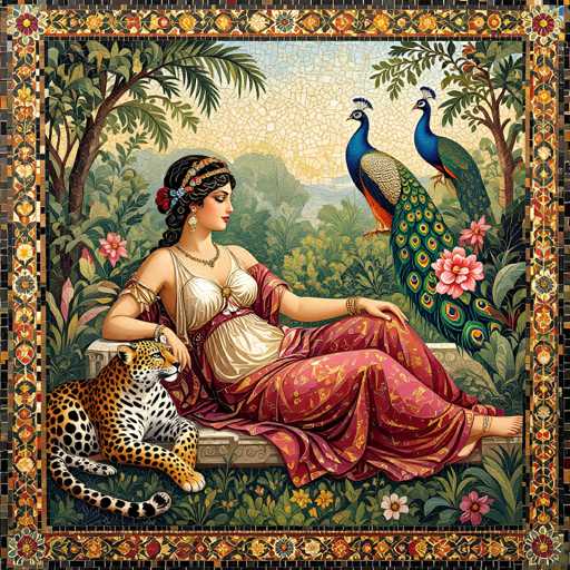 This intricate painting, reminiscent of a mosaic, features a serene and exotic scene. At the center, a woman with dark hair styled in a braid adorned with flowers and a headband sits gracefully on a stone bench. She wears a white gown with a red sash and a flowing red and gold skirt, her bare feet resting on the grass below. Her left arm is draped over the back of a leopard, which lies beside her, its spotted tail curling around her. The woman's right arm rests on her lap, and she gazes thoughtfully to the right.

To her right, two majestic peacocks with vibrant blue heads, green and yellow feathers, and strikingly long tails stand on the ground, their heads turned towards her. The background is lush with green trees and bushes, and a few pink flowers add a touch of color. Above, the sky is a blend of blue and yellow hues, suggesting a tranquil, sunny day. The entire scene is framed by a border of intricate mosaic tiles, enhancing the painting's detailed and vibrant aesthetic.