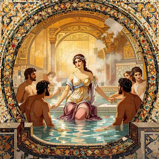 The image depicts an ancient Roman bathhouse scene with a group of people gathered around the central figure, who is seated on a bench and surrounded by steam rising from her body. The bathhouse features intricate mosaic tiles that add to its historical ambiance.
