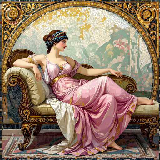 The image depicts a woman wearing a pink dress and a blue headband sitting on a gold-colored chair with a white cushion. The background features a mosaic design of flowers and leaves, suggesting an artistic or decorative style.