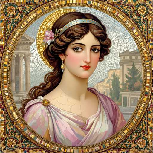 The image depicts a woman with long brown hair wearing a white dress and a pink headband. She is positioned against a backdrop of a mosaic design featuring a temple and a building. The colors used in the image are predominantly gold and blue, creating a sense of opulence and grandeur.