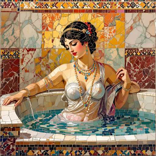 This image is a detailed mosaic painting of a woman relaxing in a hot tub. The artwork is composed of various colored tiles, including shades of yellow, orange, red, white, blue, and brown, creating a vibrant and intricate background. The woman, who has black hair styled in a bun adorned with flowers and a headband, is wearing a white dress with a low-cut neckline. She is accessorized with multiple necklaces, bracelets, and earrings. Her eyes are closed, and she has red lipstick, giving her a serene expression. The hot tub she is sitting in is filled with water, and she appears to be looking down, possibly enjoying the warmth. The overall composition of the painting is rich in detail, with the mosaic technique adding texture and depth to the scene.