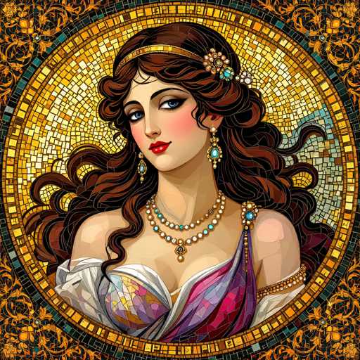 The image depicts a highly detailed, computer-generated portrayal of a woman reminiscent of a Roman goddess, possibly Medusa. She has long, wavy brown hair adorned with a gold headband and a blue flower. Her striking blue eyes are accentuated by heavy eye makeup, and her lips are painted a vivid red. She wears a low-cut, colorful dress featuring shades of purple, blue, and pink, with a white drape over her shoulders. Around her neck, she has multiple necklaces, including a prominent one with blue and white beads. The background is a mosaic of yellow, orange, and white tiles, framed by a black border with intricate gold and orange floral patterns. The overall composition is circular, enhancing the sense of a timeless, classical figure.
