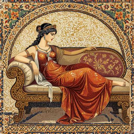 This image depicts a mosaic artwork featuring a woman seated on an ornate couch. The couch is adorned with intricate floral patterns and has a red backrest with gold floral designs. The woman is dressed in a flowing red dress with a white sash draped over her right shoulder. She accessorizes with a bracelet on her right wrist, an armband on her right upper arm, and a necklace. Her black hair is styled in a braid, and she wears a headband. The background of the mosaic is composed of various colored tiles, including shades of brown, orange, green, and blue, creating a vibrant and detailed setting. The woman's bare feet rest on the couch, and she gazes to her right, adding a contemplative element to the scene.
