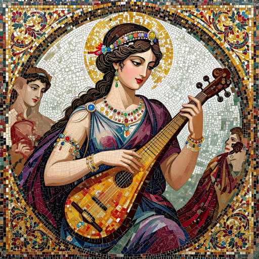 This image is a detailed mosaic artwork, likely inspired by medieval or Renaissance art, depicting a central figure of a woman playing a stringed instrument, possibly a lute or mandolin. The woman, who has long, dark brown hair styled in a braid, is adorned with an elaborate headband featuring jewels and a matching necklace. She wears a blue dress with a purple shawl draped over her right shoulder and a bracelet on her right arm. Her left arm is bent at the elbow, holding the neck of the instrument, while her right hand strums the strings. Surrounding her are three smaller figures: a woman on the left holding a cross, and two children on the right, one of whom is holding a doll. The entire scene is set within a circular frame, bordered by intricate mosaic patterns in shades of yellow, blue, and red. The background of the mosaic is predominantly white, with the circular frame adding a touch of gold and brown to the composition.