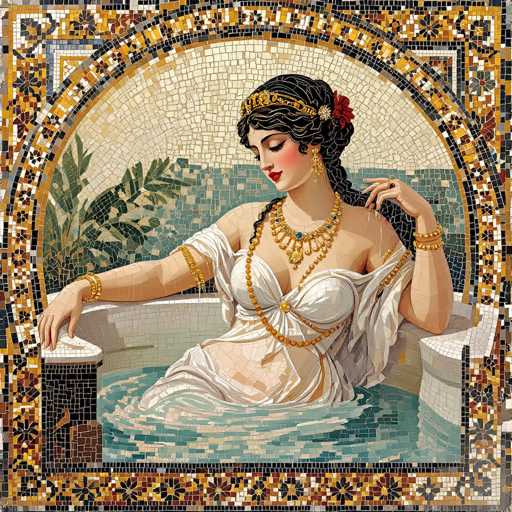 This image depicts a mosaic artwork of a woman lounging in a luxurious bathtub. The mosaic is composed of numerous small, colorful tiles, creating a vibrant and intricate design. The woman is adorned with an elaborate gold headband and multiple gold necklaces, exuding an air of opulence. She is dressed in a flowing white gown that elegantly drapes over her body, with her right arm resting gracefully on the edge of the tub. The bathtub itself is a striking white, contrasting beautifully with the woman's attire and the surrounding elements. The background features lush green plants, adding a touch of nature to the scene. The mosaic's border is richly decorated with a variety of colors, including gold, black, and red, framing the central image with a sense of grandeur. The woman's face is painted with a soft pink hue, and her lips are a vivid red, further enhancing the mosaic's lifelike quality.