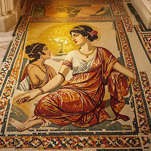 This image captures a stunning mosaic tile floor, likely situated in a museum or historical building. The intricate design features a central scene depicting a woman and a child, both adorned in vibrant orange and red robes. The woman, who has black hair styled in a braid and wears a gold necklace, gazes at the child. The child, with black hair and an earring, looks up at the woman. Surrounding this central scene are elaborate patterns of diamonds, triangles, and squares in a rich palette of colors including red, orange, yellow, green, blue, and white. The floor's design is framed by a border of white tiles, with additional decorative elements extending to the left and right. The setting is further accentuated by the presence of white marble walls and pillars, enhancing the grandeur of the space.