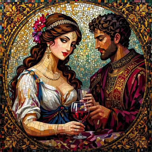 The image depicts a man and woman seated at a table with wine glasses in front of them. The woman is wearing a blue dress and holding a glass of red wine while the man is dressed in a purple robe and also holding a glass of wine. The background features a mosaic design, adding an artistic touch to the scene.