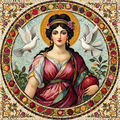 This image depicts a detailed mosaic artwork of a woman, possibly a queen or goddess, set against a vibrant background. The woman is adorned in a red robe with a white undergarment, and she wears a gold belt around her waist. Her dark hair is styled in an elaborate updo, with a headband featuring flowers and a gold crown. She has red lipstick and is holding a red fruit, possibly an apple, in her left hand. A gold halo encircles her head, enhancing her divine appearance. Surrounding her are two white doves, one on each side. The background is a mosaic of blue and green tiles, framed by intricate floral designs in various colors. The entire scene is enclosed within a circular border, with additional floral patterns extending to the corners of the image.