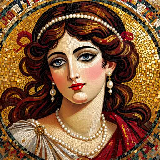 The image depicts a mosaic portrait of a woman with long brown hair and red lips wearing a white headband. The background is a circular pattern of small tiles in shades of yellow and green.