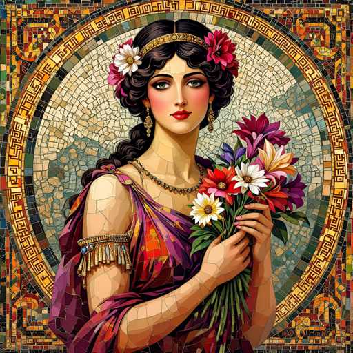 This image depicts a stunning, computer-generated portrayal of a woman who appears to be of Egyptian or Greek descent. She is adorned in a vibrant, colorful dress that features hues of purple, red, and yellow. Her ensemble is complemented by a delicate necklace and a headband that elegantly frames her long, black hair, which is styled in a braid. The woman's face is accentuated with striking red lipstick and a touch of blush on her cheeks, giving her a timeless beauty. She holds a bouquet of flowers in her hands, adding to her graceful appearance. The background is a mosaic of intricate, colorful tiles, enhancing the overall aesthetic of the image. The woman's gaze is directed to the left, adding a sense of intrigue and depth to the composition.