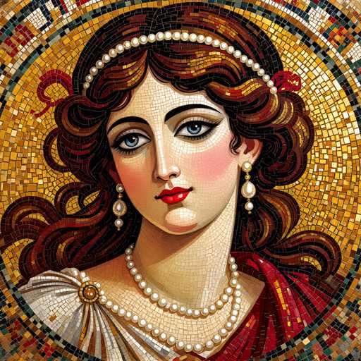 This image depicts a detailed mosaic portrait of a woman, reminiscent of ancient Roman or Greek art. The artwork is composed of numerous small tiles, creating a mosaic effect. The woman has long, wavy brown hair adorned with a headband featuring white pearls. She is wearing a red dress with a white sash on her right shoulder, which is fastened with a gold brooch. Her accessories include pearl earrings and a double-strand pearl necklace. The woman's face is characterized by blue eyes, red lips, and a slight smile. The background is a mosaic of gold and yellow tiles, with a circular pattern of multicolored tiles surrounding her head, adding depth and vibrancy to the piece.