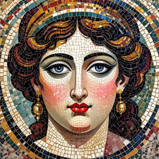 This image showcases a stunning mosaic portrait of a woman, meticulously crafted from an array of colorful tiles. The portrait features a woman with fair skin, accentuated by her striking blue eyes and vibrant red lips. Her hair is a rich tapestry of dark brown, interspersed with shades of orange, red, and yellow, adding depth and warmth to her appearance. She is adorned with elegant gold earrings, each featuring a central diamond-like stone, enhancing her regal look. The background is a harmonious blend of blue, white, and green tiles, creating a serene and complementary backdrop. The portrait is framed by a series of concentric circles, each composed of various colored tiles, adding a structured yet artistic border to the piece. The outermost edge of the mosaic is set against a gray stone-like background, providing a solid and grounding contrast to the vivid colors within. This mosaic portrait is a testament to the artist's skill, combining intricate details and a vibrant palette to create a captivating and timeless image.