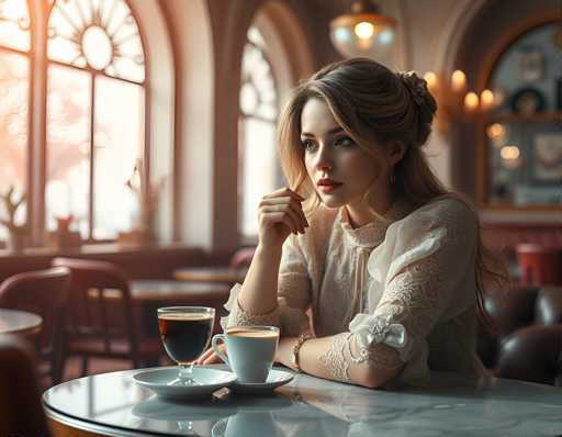 A woman with blonde hair is seated at a table in a cafe, holding a cup of coffee and looking off into the distance. The table has two cups on it - one filled with coffee and another empty. The background features an archway leading to other parts of the building, and there are several chairs visible around the table.