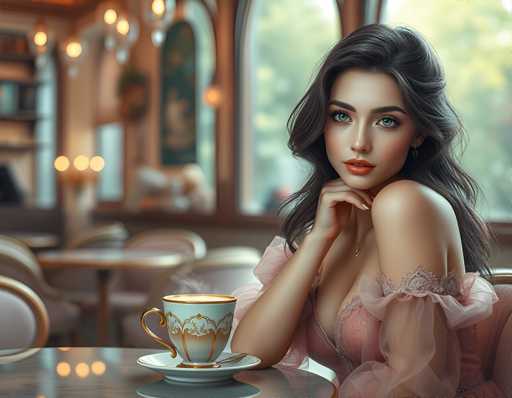 A woman with long brown hair is seated at a table in front of her, wearing a pink dress and holding a white cup adorned with gold trim. The background features an archway leading to another room, suggesting the setting could be a restaurant or café.