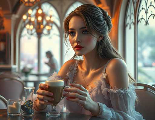 A woman with long brown hair is seated at a table in a restaurant, wearing a white dress and holding a glass of coffee. The background features an ornate window adorned with gold curtains that reflect the light from above, creating a warm glow throughout the space.