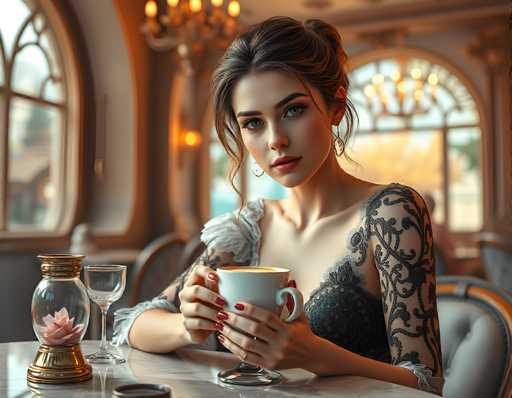 A woman in a vintage-inspired cafe setting, holding a cup of coffee. She's wearing an ornate black dress with intricate lace sleeves and is looking directly at the viewer with a soft, inviting gaze. The cafe has a warm, golden lighting and an elegant atmosphere.