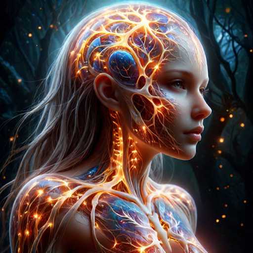 This digital artwork depicts a young woman in her early 20s, shown in a side profile facing to the right. She has long, flowing blonde hair and striking green eyes. The image is a surreal blend of human anatomy and fantasy elements. Her head is partially transparent, revealing an intricate network of glowing blue veins and orange nerves that extend from her brain down to her neck and shoulders. The veins and nerves are illuminated, creating a luminous effect against the dark background. Her face is serene, with closed lips and a slight smile, and her neck appears to be made of the same glowing blue material as her brain. The background features a dark, eerie forest with tall, gnarled trees and a bluish light emanating from the top right corner, adding to the mystical atmosphere of the scene.
