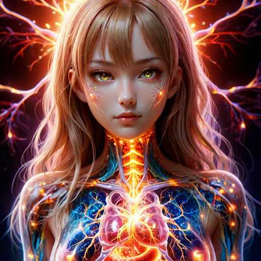 This image is a detailed, computer-generated illustration of a young woman with an anime-inspired appearance. She has long, wavy blonde hair with bangs that partially cover her face, and her striking yellow eyes are accentuated by long eyelashes. Her skin is a very pale white, and she has a small, delicate nose and full lips. The background is a deep black, which makes the vibrant colors of her body stand out dramatically.

The woman's body is depicted with a unique, almost ethereal quality. Her neck appears to be made of a glowing yellow spine, and her chest reveals a detailed view of her internal organs. Her heart is prominently visible, glowing with a pinkish hue, and surrounded by intricate blue veins. The entire image is illuminated by a radiant light that seems to emanate from behind her head, giving her an almost angelic aura. 

Additionally, there are tree branch-like structures extending from her head, adding to the mystical and otherworldly feel of the illustration. The overall effect is a mesmerizing blend of human and supernatural elements, creating a captivating and detailed portrait.