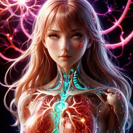 This image is a detailed, computer-generated illustration of a young woman with long, flowing blonde hair and striking blue eyes. She has a serene expression, with her mouth closed, and her hair is adorned with a barrette on the right side. The woman's face is framed by bangs that fall just below her eyebrows. Her neck and upper chest are exposed, revealing intricate details of her anatomy. The skin on her neck is depicted as white, while the underlying structure is a glowing blue, reminiscent of veins or a spine. Her chest area showcases a vivid depiction of her heart, colored in red with white veins, and illuminated by a bright green light. The background is a deep black, accentuated by glowing pink lines that resemble lightning or veins, adding to the ethereal and futuristic feel of the image. The overall composition suggests a blend of human and robotic elements, with the woman's body parts appearing to be made of a material that glows with an inner light.