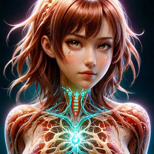This image is a highly detailed, computer-generated illustration of a young woman with a distinctly anime-inspired style. She has long, wavy, reddish-brown hair that cascades down to her shoulders, with bangs partially covering her forehead. Her large, expressive eyes are a striking amber or golden-brown color, and she has a small, delicate nose and full lips. The woman's face is adorned with intricate, glowing blue patterns on her cheeks, resembling flowers or stars.

Her neck and upper chest are exposed, revealing a complex network of glowing blue veins and tendons that extend from her neck down to her chest. These veins form a web-like structure, with some branches appearing red and others glowing blue, giving the impression of an internal, luminous circulatory system. The background is a dark blue, almost black, which accentuates the ethereal glow of her skin and the intricate details of her anatomy. The overall effect is a mesmerizing blend of human and fantastical elements, creating a striking and otherworldly visual.