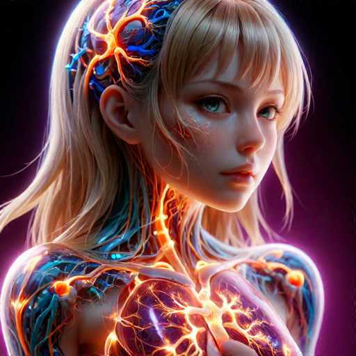 This image portrays a highly detailed, computer-generated depiction of a young girl, approximately 10 to 12 years old, with a blend of realistic and fantastical elements. The girl has long, flowing blonde hair with bangs that partially cover her face, and her striking green eyes are accentuated by her slightly open mouth, revealing a hint of her teeth. Her face is adorned with freckles, adding to her youthful appearance.

The most captivating aspect of the image is the intricate representation of her internal anatomy. The girl's body appears semi-transparent, revealing a complex network of glowing orange veins that resemble lightning, particularly prominent in her heart and extending throughout her body. These veins create a striking contrast against the blue and purple hues of her internal structures, giving her an almost ethereal quality.

Her shoulders are visible, and her right hand is positioned over her chest, as if she is holding her heart. The background of the image is a deep purple, which enhances the otherworldly atmosphere of the scene. The overall composition suggests a fusion of human and digital artistry, with the girl's face appearing more realistic while her body transitions into a fantastical, glowing representation of internal anatomy.