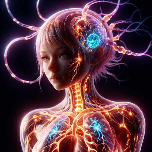This image is a highly detailed, computer-generated illustration of a young woman, likely in her late teens or early twenties, set against a black background. The woman has short, light-colored hair with bangs, and her face is turned slightly to the left, revealing her light-colored eyes and a serene expression. Her skin appears translucent, allowing a view of the intricate anatomy beneath. The spine, glowing with a yellowish-orange hue, runs down her neck, while the brain inside her head is depicted in a light blue color, with purple and orange tendrils extending from it. The chest area is also visible, showcasing the ribcage and lungs illuminated in blue and orange. The overall effect is a striking blend of human features and glowing, anatomical elements, creating a futuristic, almost ethereal appearance.