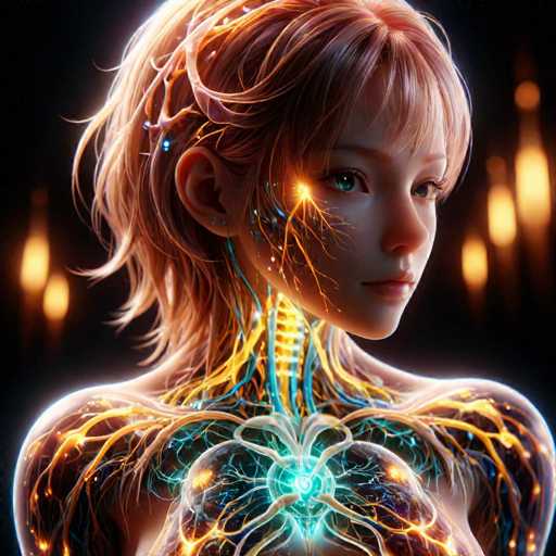 This image is a detailed, computer-generated illustration of a young girl, approximately 10 to 12 years old, with short, blonde hair and blue eyes. She is depicted in a side profile, facing to the right, with her head slightly turned towards the viewer. The background is black, adorned with blurred, glowing lights that resemble candles or lanterns, creating a mystical atmosphere.

The girl's face and upper body are intricately designed with glowing, vein-like patterns that resemble tree branches or lightning. These patterns are primarily yellow and orange, with some blue accents, and they extend from her head down to her chest. Her neck features a glowing spine, and her shoulders are adorned with glowing veins that resemble wings. The overall effect is a striking blend of human and digital artistry, with the glowing elements giving the impression of an ethereal or otherworldly presence.