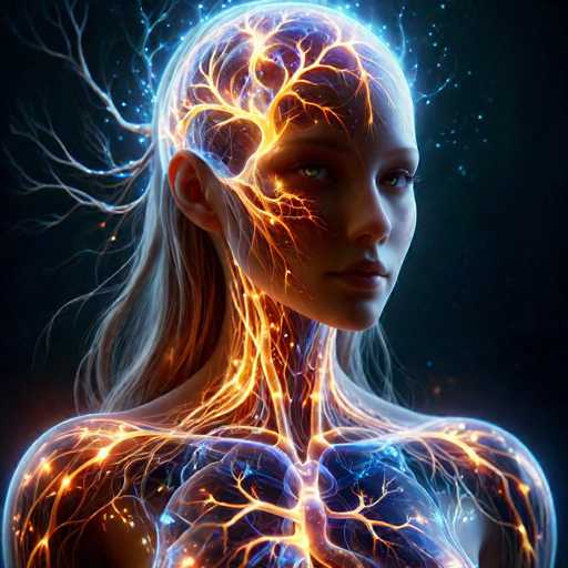 The image depicts a woman's face with a unique artistic style that combines elements of surrealism and digital art. The woman is shown from the neck down, with her hair styled in an unconventional manner. Her face features a blend of orange and blue hues, giving it a vibrant and eye-catching appearance. The background is dark and out of focus, drawing attention to the woman's face as the main subject of the image.