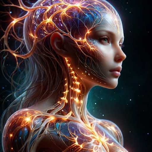 This image is a highly detailed, computer-generated illustration of a woman's head and upper body, set against a dark, starry background. The woman, who appears to be in her 20s, has a pale complexion and striking blue eyes. Her head is turned to the right, revealing her profile, which includes a pointed nose and full lips. She has long, flowing hair that transitions from white at the top to a darker shade towards the bottom. 

The most captivating aspect of the image is the intricate depiction of her brain and nervous system. The brain is visible through her skull, glowing with a vibrant blue light, and illuminated by golden, vein-like structures that resemble tree branches or lightning. These glowing veins extend from her brain down her neck and into her chest, creating a mesmerizing effect. The nervous system is particularly highlighted, with golden lines running from her brain, down her spine, and into her shoulders, giving the impression of a luminous, ethereal network. 

The background is a deep, dark blue, almost black, dotted with white stars, enhancing the otherworldly and futuristic feel of the illustration. The overall effect is a stunning blend of human anatomy and digital artistry, creating a visually stunning and thought-provoking image.