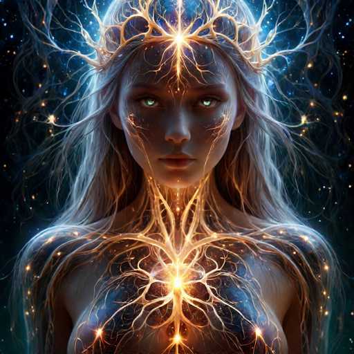 This digital artwork features a captivating portrait of a young woman, possibly in her late teens or early twenties, set against a dark, starry background. The woman has long, flowing blonde hair that cascades down to her chest, partially obscuring her bare shoulders and breasts. Her striking blue eyes gaze directly at the viewer, exuding a sense of mystery and allure. 

Her face is adorned with an intricate, glowing golden crown that resembles a tree branch or vine, with light emanating from its center. This luminous crown extends down her neck, where it transforms into a glowing tree trunk that branches out across her chest, creating a mesmerizing pattern of light. The trunk and branches are illuminated in shades of yellow and orange, adding to the ethereal quality of the image.

The background is a deep, dark blue, almost black, dotted with numerous white and yellow stars, enhancing the otherworldly atmosphere. The overall composition, with its blend of realistic and fantastical elements, evokes a sense of magic and wonder, making the woman appear almost celestial.