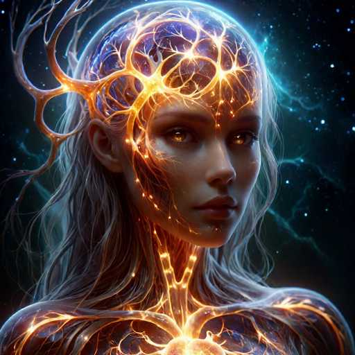 This image is a highly detailed, computer-generated illustration of a woman's head and upper body set against a dark, starry night sky. The woman has long, flowing blonde hair and striking, glowing golden eyes. Her face is serene, with a closed mouth, and she gazes slightly to the right. The most captivating aspect of the image is the intricate depiction of her brain, which appears to be made of glowing, golden branches that extend from her head down to her chest. These branches resemble tree roots or lightning, creating a luminous effect that illuminates her entire form. The background features a deep blue sky filled with numerous stars, enhancing the ethereal and mystical atmosphere of the scene.
