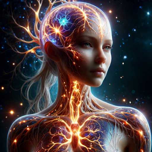 The image depicts a highly detailed, computer-generated rendering of a young woman, possibly in her late teens or early twenties, set against a dark, starry background. The woman, who has a bald head and long blonde hair flowing down her back, is facing to the right. Her face and upper body are transparent, revealing intricate, glowing orange veins and neural pathways that extend from her brain, down her neck, and into her chest. These pathways resemble tree branches or lightning, illuminating her internal anatomy with a soft, ethereal glow. The background is filled with numerous stars, enhancing the otherworldly and futuristic atmosphere of the scene.
