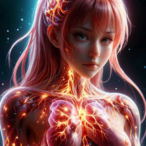 This image portrays a highly detailed, computer-generated depiction of a young woman with long, flowing pink hair. She is positioned in a three-quarter view, facing slightly to the right, with her head turned towards the viewer. Her striking green eyes and pink lips are prominent features. The background is a deep black, dotted with white specks resembling stars, enhancing the ethereal quality of the scene.

The woman's body is partially transparent, revealing intricate internal structures. Her heart, located in the center of her chest, is depicted as a glowing yellow sphere, from which orange and yellow lines extend, resembling veins or arteries. These lines spread throughout her body, illuminating her internal organs and creating a fiery effect. Her lungs are visible on either side of the heart, glowing with a pink hue and interconnected by the same orange lines.

Her skin appears translucent, with a pinkish tint, and her shoulders are adorned with glowing orange lines that resemble veins or energy pathways. The overall impression is one of a mystical, almost otherworldly being, with her body glowing from within and connecting to the cosmic energy surrounding her.