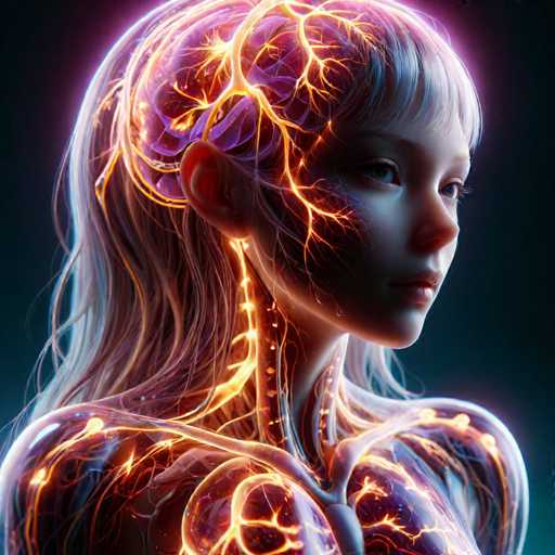This digital artwork depicts a young girl, approximately 10 to 12 years old, with a striking blend of realism and fantasy elements. She has long, flowing white hair that cascades down her back, and her face is turned slightly to the right, revealing her blue eyes and a small, closed mouth. The girl's skin is a pale white, and she has a delicate, almost ethereal appearance.

The most captivating aspect of the image is the intricate depiction of her brain and nervous system, which are visible through her translucent head. The brain is rendered in a deep purple hue, with yellowish-orange electrical impulses resembling lightning bolts coursing through it. These same luminous lines extend down her neck and into her shoulders, creating a glowing effect that highlights her spine and the major blood vessels in her chest.

The background of the image is a dark, almost black shade, which contrasts sharply with the glowing elements of the girl, making her appear as though she is illuminated from within. The overall effect is a mesmerizing fusion of human anatomy and digital artistry, capturing the viewer's attention with its vivid detail and surreal beauty.