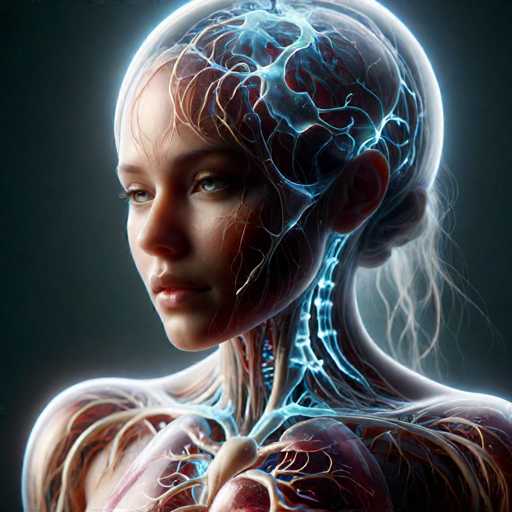 This image is a highly detailed, computer-generated illustration of a young woman, likely in her early 20s, with a striking blend of realistic and fantastical elements. The woman has fair skin, blue eyes, and long blonde hair tied back in a bun, with some wispy strands framing her face. She is depicted from the shoulders up, facing slightly to the left, with a serene expression and a hint of a smile. Her face is partially transparent, revealing an intricate network of veins, nerves, and muscles that extend from her head down to her neck and shoulders. The brain inside her skull is particularly prominent, glowing with a blue light and illuminated by veins, giving it an almost ethereal appearance. The background is a dark gray, which contrasts sharply with the luminous blue and red hues of her exposed anatomy, making the image both captivating and surreal.