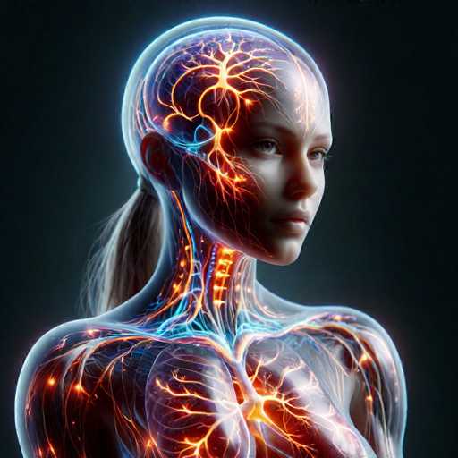 This image is a detailed, computer-generated illustration of a translucent female figure set against a dark gray background. The figure, which appears to be a woman, is depicted from the top of her head down to her chest. Her body is transparent, revealing intricate anatomical details inside. The most prominent feature is her brain, which is visible through her skull and illuminated with a glowing orange light. This illumination extends down her spine and into her chest area, highlighting the heart and other internal organs. The woman's facial features, including her eyes, nose, and lips, are clearly visible, and she has long blonde hair tied back in a ponytail. Her head is slightly turned to the right, and she gazes off into the distance. The overall effect is a striking blend of human anatomy and digital artistry, emphasizing the complex network of nerves, muscles, and internal structures within the translucent form.