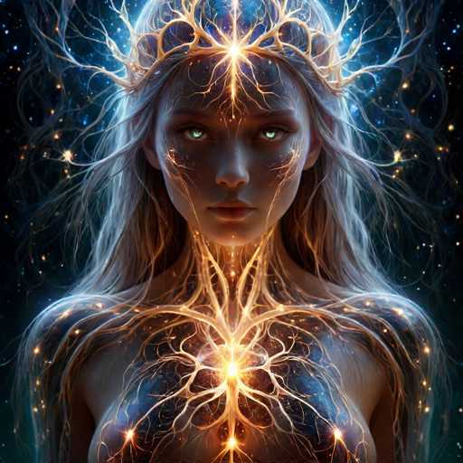 The image depicts a woman with long blonde hair and blue eyes wearing a crown of gold leaves on her head. The background is dark blue with white stars scattered throughout, creating an ethereal atmosphere. The woman's face is illuminated by a radiant glow from the center, drawing attention to her features.