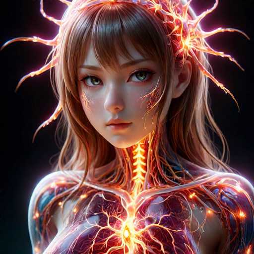 This image depicts a highly detailed, computer-generated anime-style girl with a blend of realistic and fantastical elements. She has long, light brown hair with bangs that partially cover her face, and her striking blue eyes are accentuated by heavy eye makeup. Her expression is serious, and she gazes directly at the viewer. The girl's skin is pale, and her body appears semi-transparent, revealing intricate anatomical features beneath. Her spine and the veins in her arms and chest are glowing with a yellowish-orange light, creating an ethereal effect. Additionally, there are orange and yellow lines resembling lightning bolts or veins that run from her head down to her chest, adding to the mystical aura. She wears a crown-like headpiece that emits a similar glow, further enhancing her otherworldly appearance. The background is solid black, which makes the glowing elements of her body stand out even more prominently.